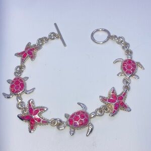 Vtg Taxco Sterling & Pink Opal Starfish & Sea Turtle Link Bracelet 7.5” | 15g